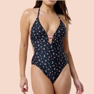 No Boundaries Women’s Black Wild Flower Plunge One-Piece Swimsuit Size L (12-14)